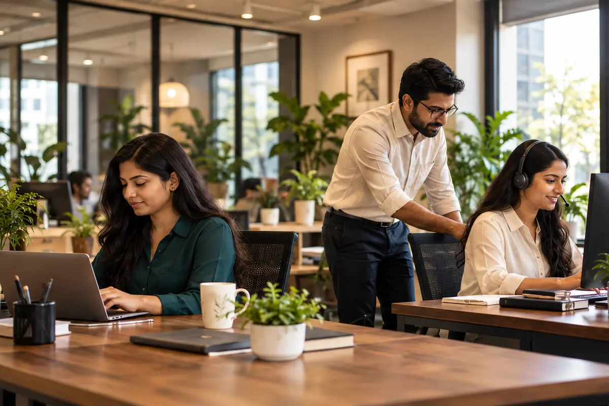 Illustrative corporate workspace with people collaborating at office desks